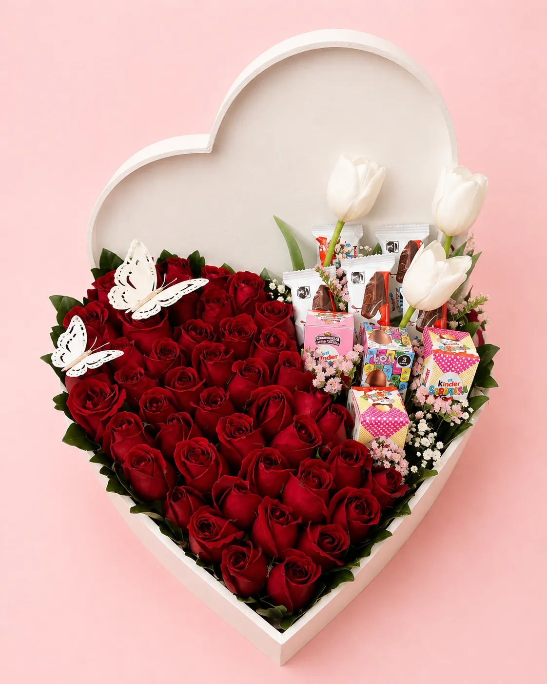 Corazón Buchón con 40 rosas y chocolates Ferrero – DA'Flores